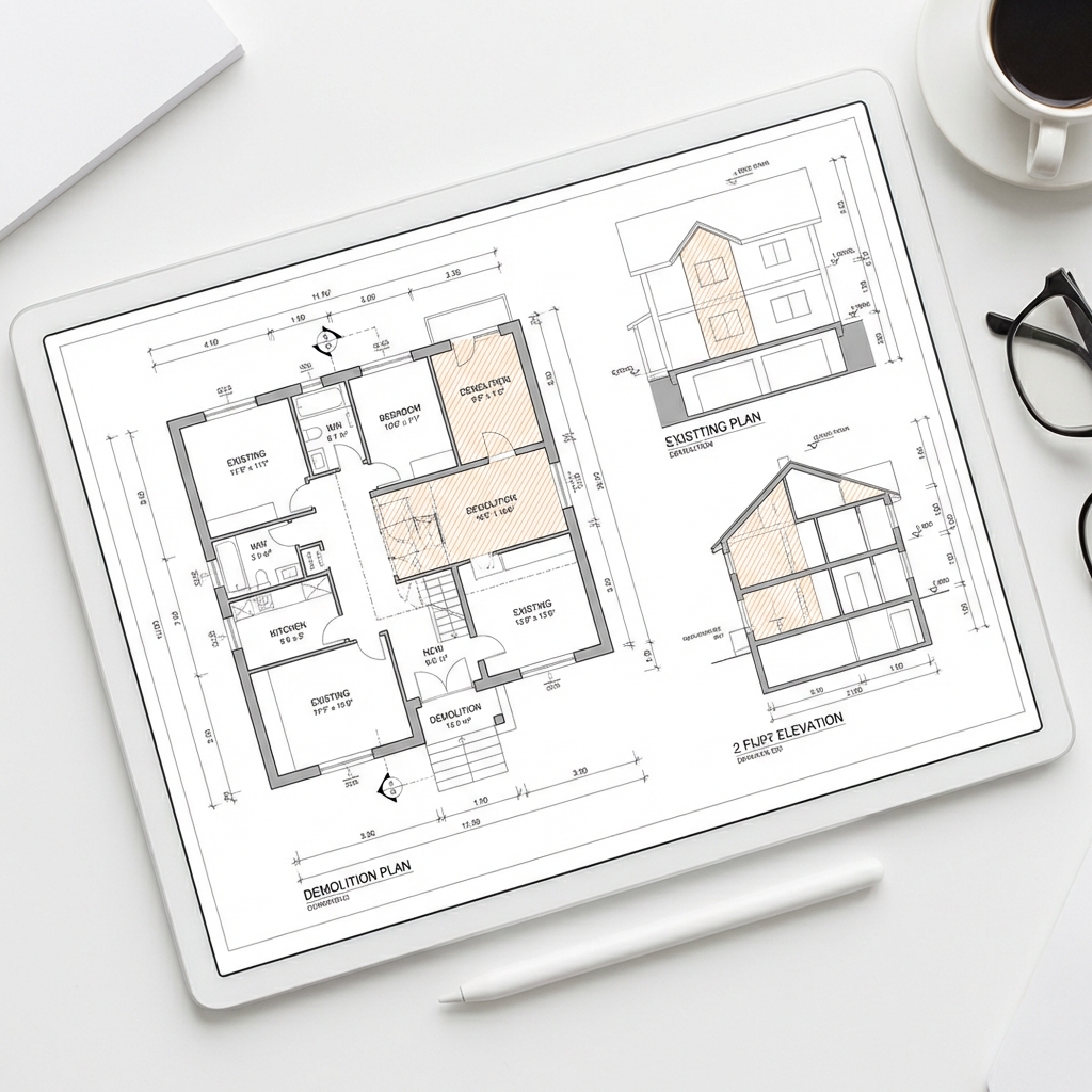 Architectural floor plan showing demolition and proposed work